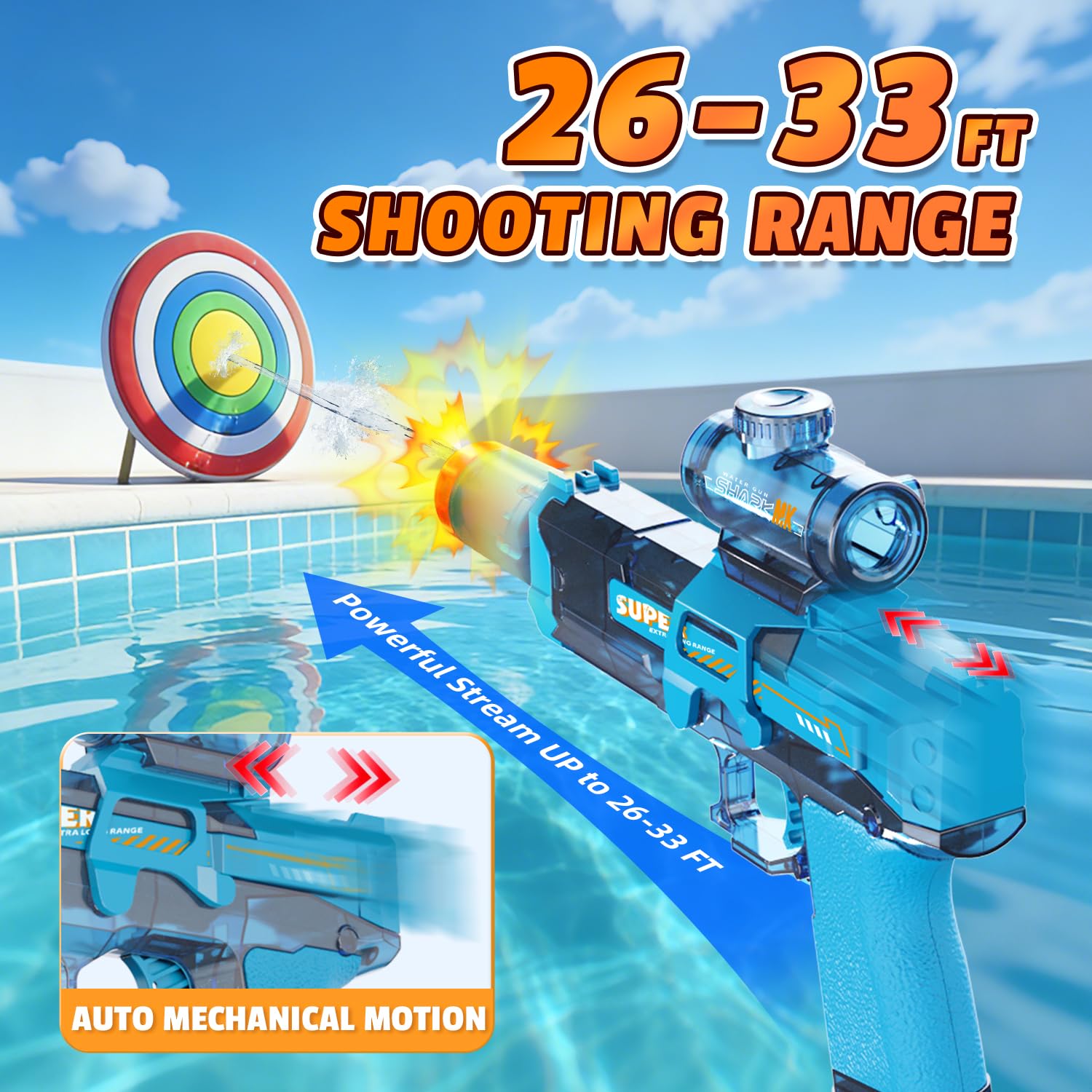 4PCS Electric Water Gun for Kids Adults,Mini Auto Squirt Gun with Flashing Muzzle,26FT Range,Leak-Proof Rechargeable Water Blaster for Summer Pool Beach Water Fights (Black+Blue) - 3