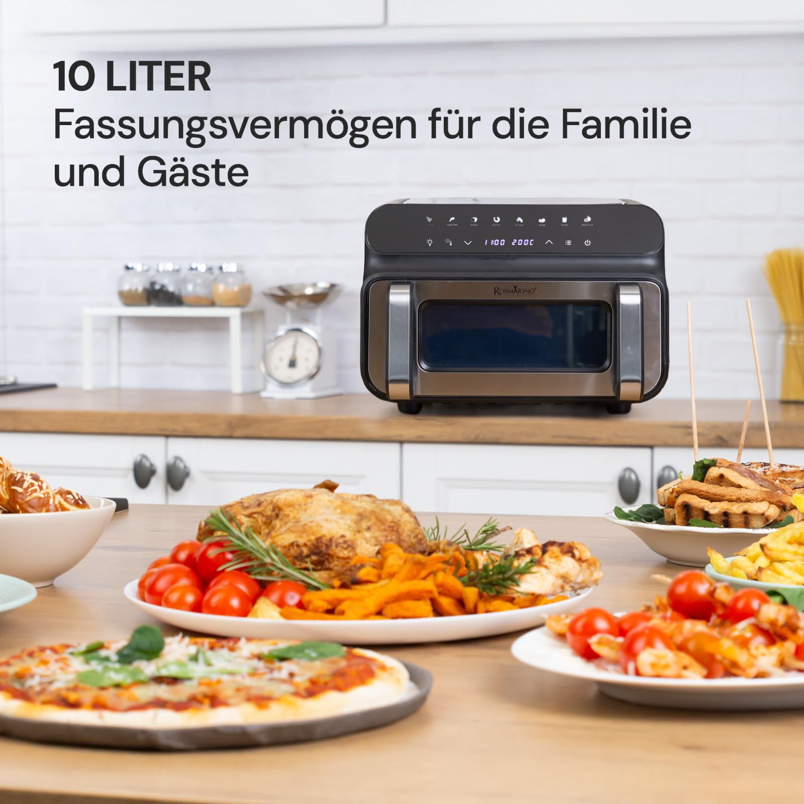 Rosmarino Infinity MasterPro Heißluftfritteuse Airfryer 10L - Multifunktion 5-in-1: Heißluftfritteuse, Elektrogrill, Backofen, Dehydrator, Mikrowelle | Große Familiengröße | Energiesparend