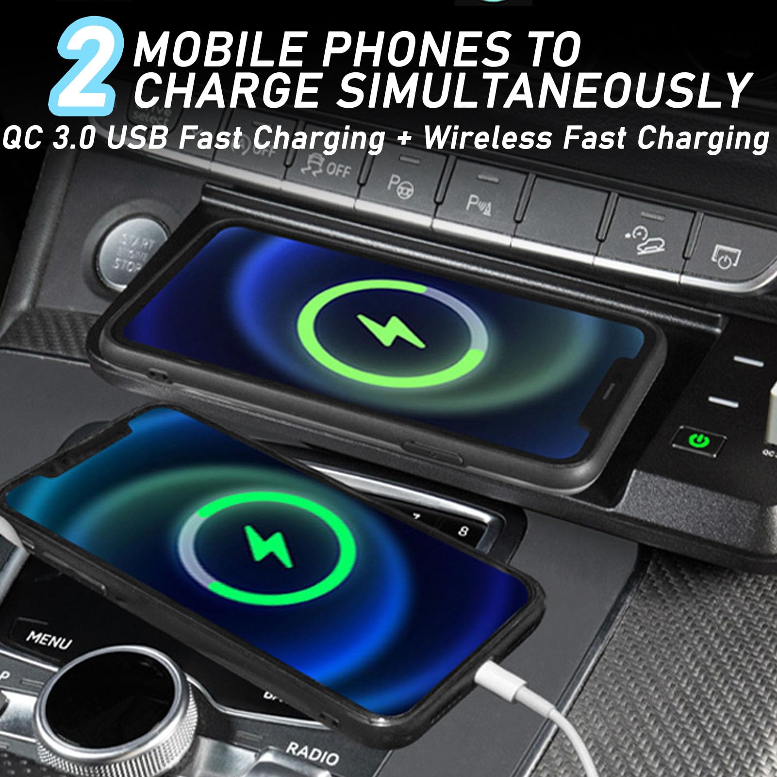 Caricabatterie Wireless per Auto per Q5/Sq5 Tutti i Modelli Accessorio con 15 W Wireless e USB Qc3.0 Ricarica Rapida Regalo per la Famiglia
