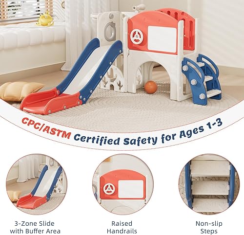 Miniatura 5 de 67i Tobogán infantil para interiores con tabla de dibujo, juego de golf, aro de baloncesto, parque infantil para niños de 1 a 3 años, pasos