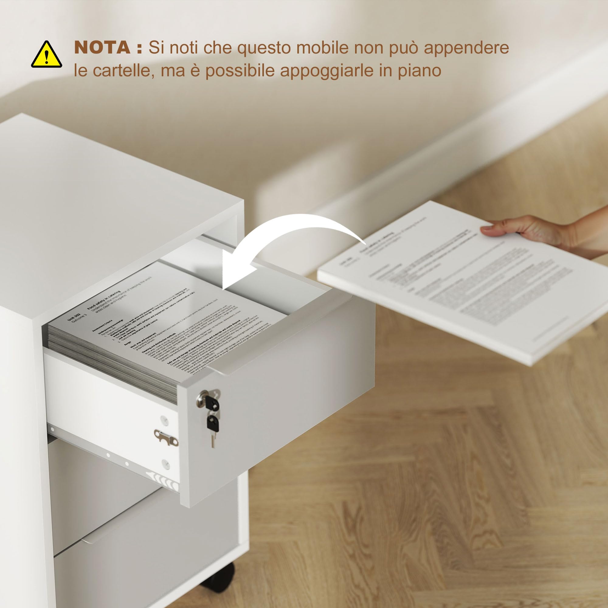 HOMCOM Schedario da Ufficio con 3 Cassetti 40x40x63.5 cm Bianco e Grigio | 4 Ruote, Cassettiera Ufficio, Serratura con 2 Chiavi, Documenti Lettera/A4, Armadietto Verticale da Studio