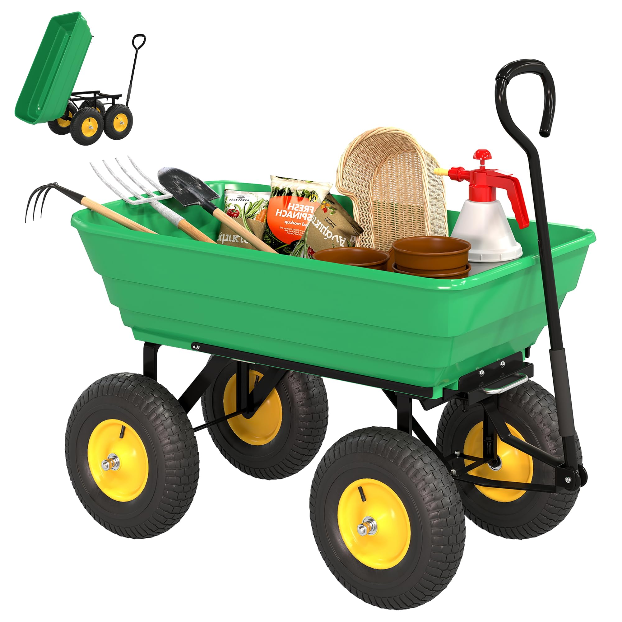 Outsunny Carro de Jardín Basculante Carga 200 kg Capacidad 75 L Carretilla de Transporte Carro para Playa con Marco de Acero y 4 Ruedas Neumáticas Verde