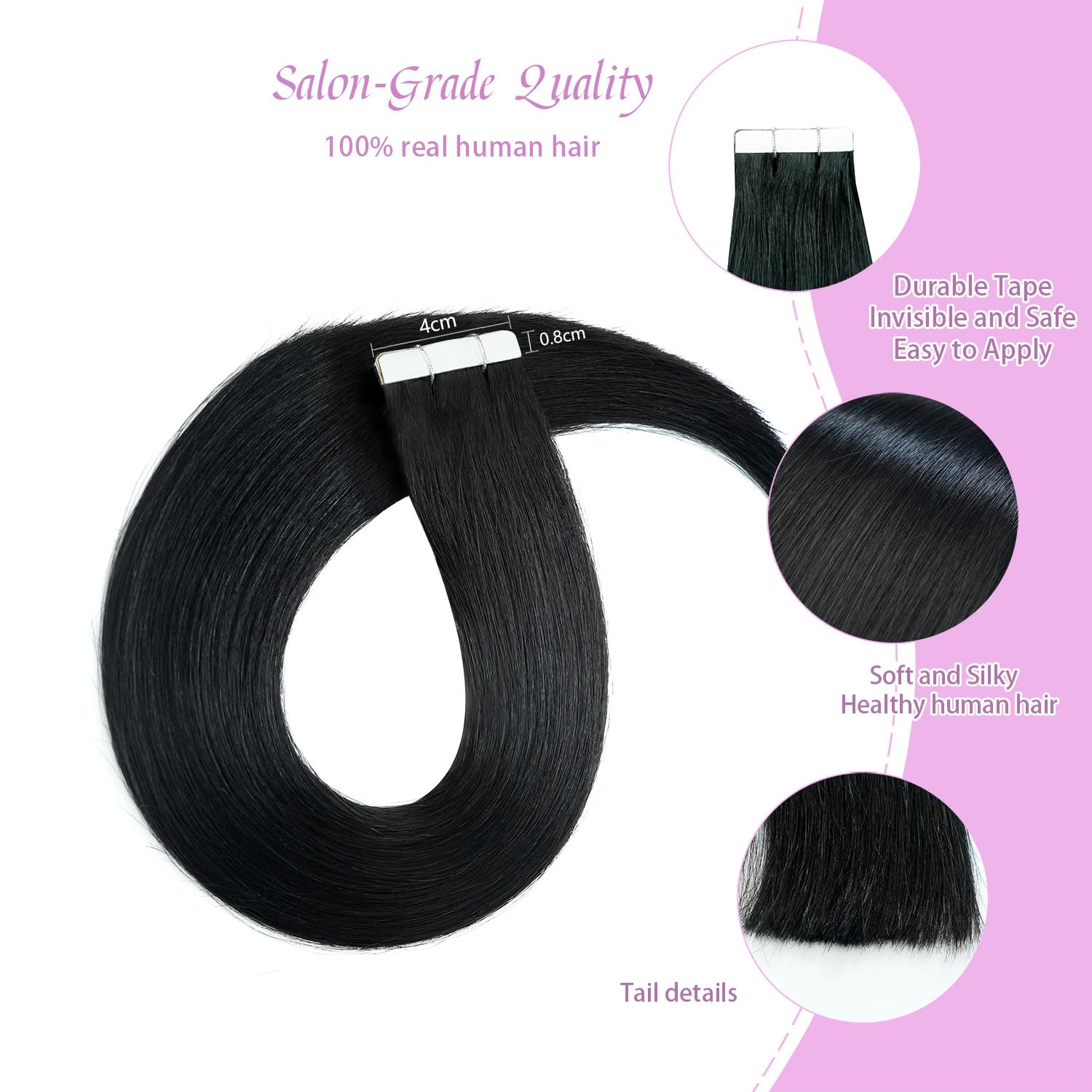LieblichWelle Tape in Hair Extensions Human Hair Jet Black 20 inch, 20pcs, 50g/Pack, Salon-Grade Quality - Image 3