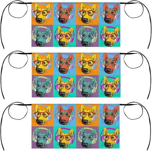 bisibuy 3 Pocket Waist Apron, Pack of 3, Hippie Dog Music Server Short Apron for Men Women, Kitchen, Restaurant, Cafe Delantales De Mesera Para