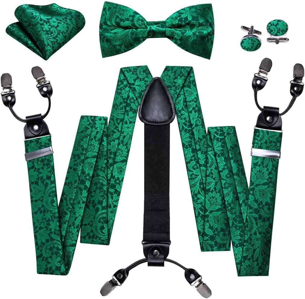 Men 6 Clips Strength Adjustable Y Braces Pre-Tied Bow Tie Handkerchief Cufflinks Set Formal Suspenders