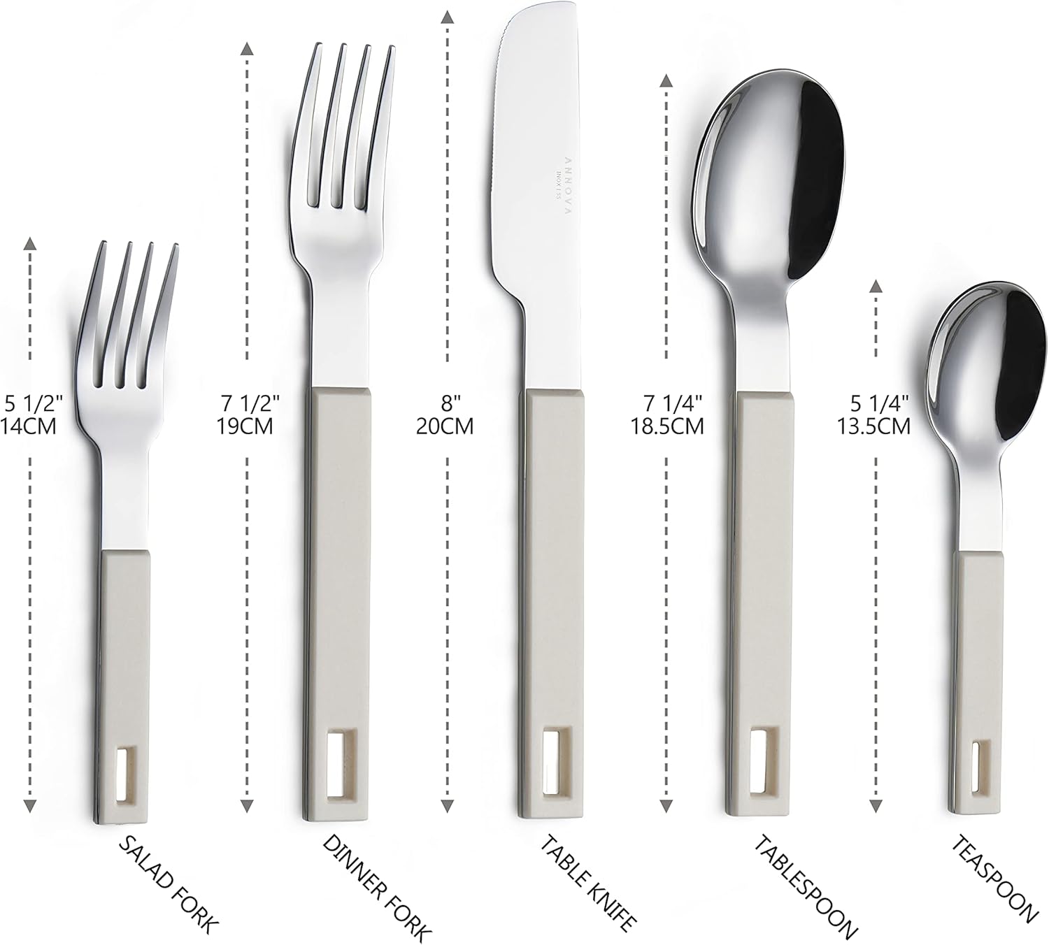 ANNOVA Silverware Set 20 Pieces Stainless Steel Cutlery Color Block Handle Modern Style Flatware - 4 x Dinner Knife; 4 x Dinner Fork; 4 x Salad Fork; 4 x Dinner Spoon; 4 x Dessert Spoon (Cream, White)