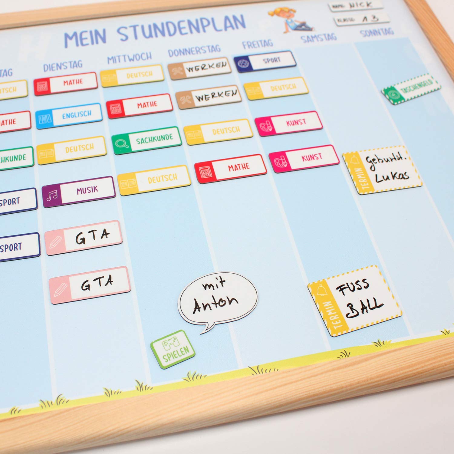 Magnetischer Stundenplan grün 90 Magneten Stift abwischbar Wochenplaner Schule 40 x 30 cm