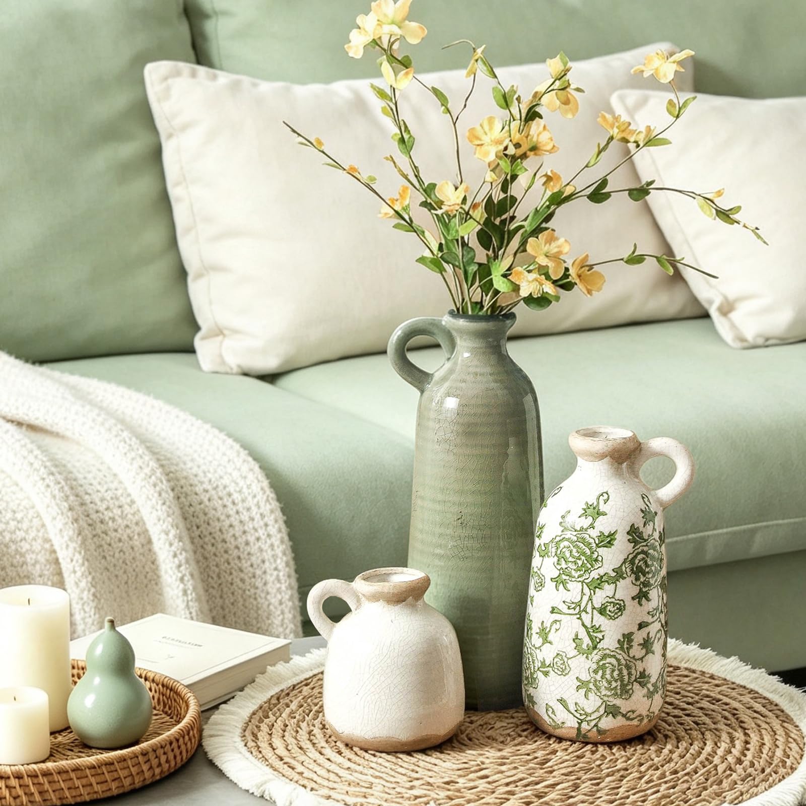 Vintage-Vasen-Set mit Griff, Keramik, rustikale Vasen, Heimdekoration, Bauernhaus, dekorative Vase, Keramik, modern, für Tisch, Kaminsims, Eingangsbereich, Bücherregal, Wohnzimmer, Küche, Schlafzimmer