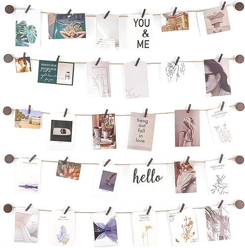 Mkono Decoración de pared para colgar fotos, 5 cuerdas de yute con 30 clips, soporte para tarjetas de fotos múltiples, arte de pared para