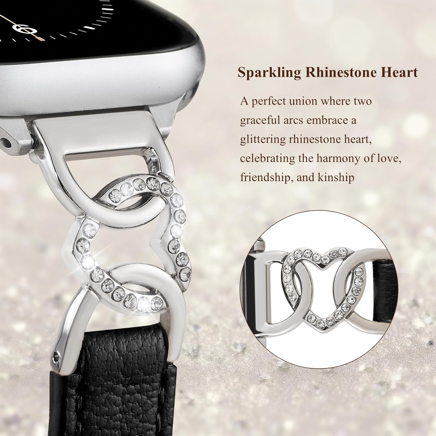 French Goatskin Women Slim Leather Watch Bands for Apple Watch Series 11 10 9 8 7 6 5 4 SE, Bling Heart Rhinestone Metal Chain Leather Band for iWatch 42mm 41mm 40mm 38mm 46mm 45mm 44mm 49mm