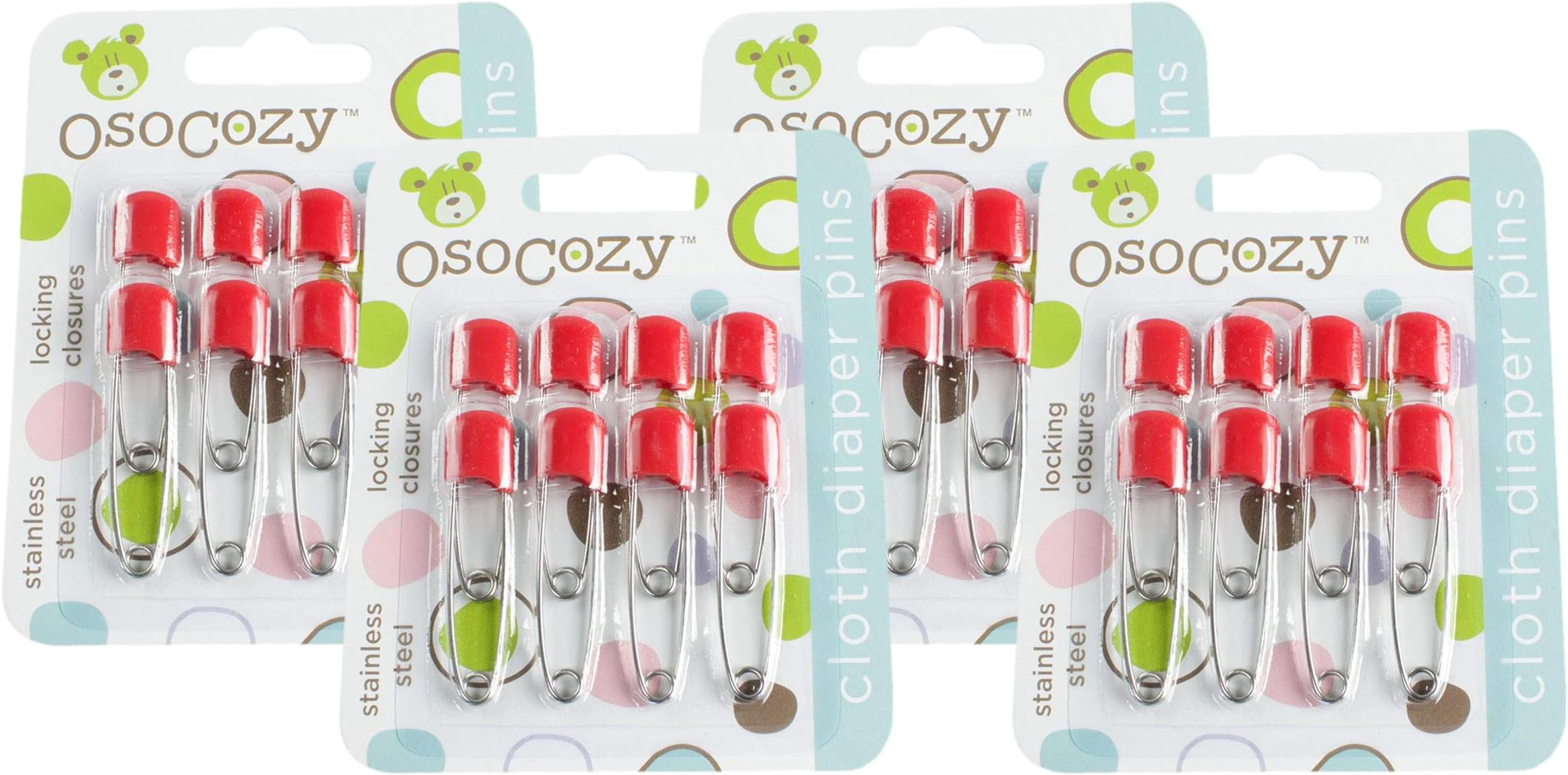 OsoCozy Diaper Pins - (Red) - Sturdy, Stainless Steel Diaper Pins with Safe Locking Closures - Use for Special Events, Crafts or Colorful Laundry Pins, 2.875 Inch x 0.25 Inch x 0.5 Inch (Pack of 4)