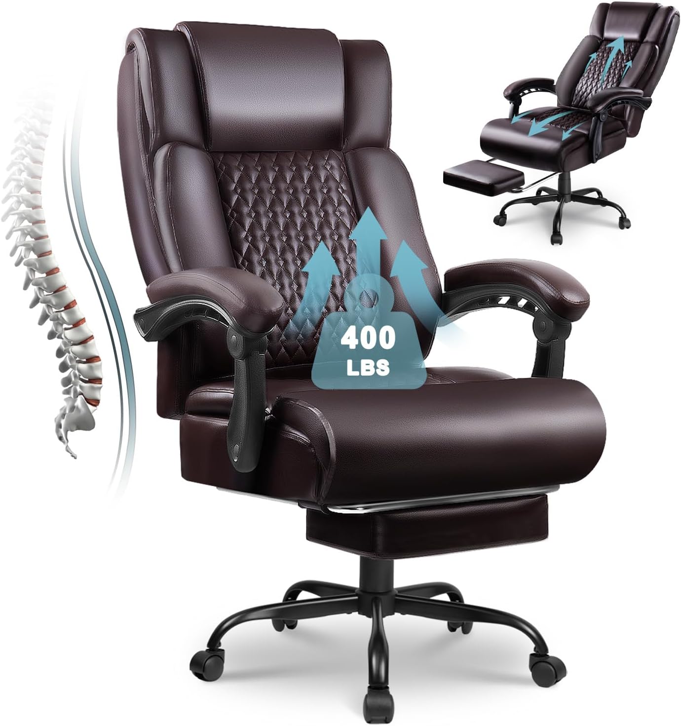 Big and Tall Office Chair with Foot Rest 400lbs, Heavy Duty Executive Leather Office Chair for Heavy People, Comfy High Back Ergonomic Office Desk Chair with Footrest and Lumbar Support, Brown
