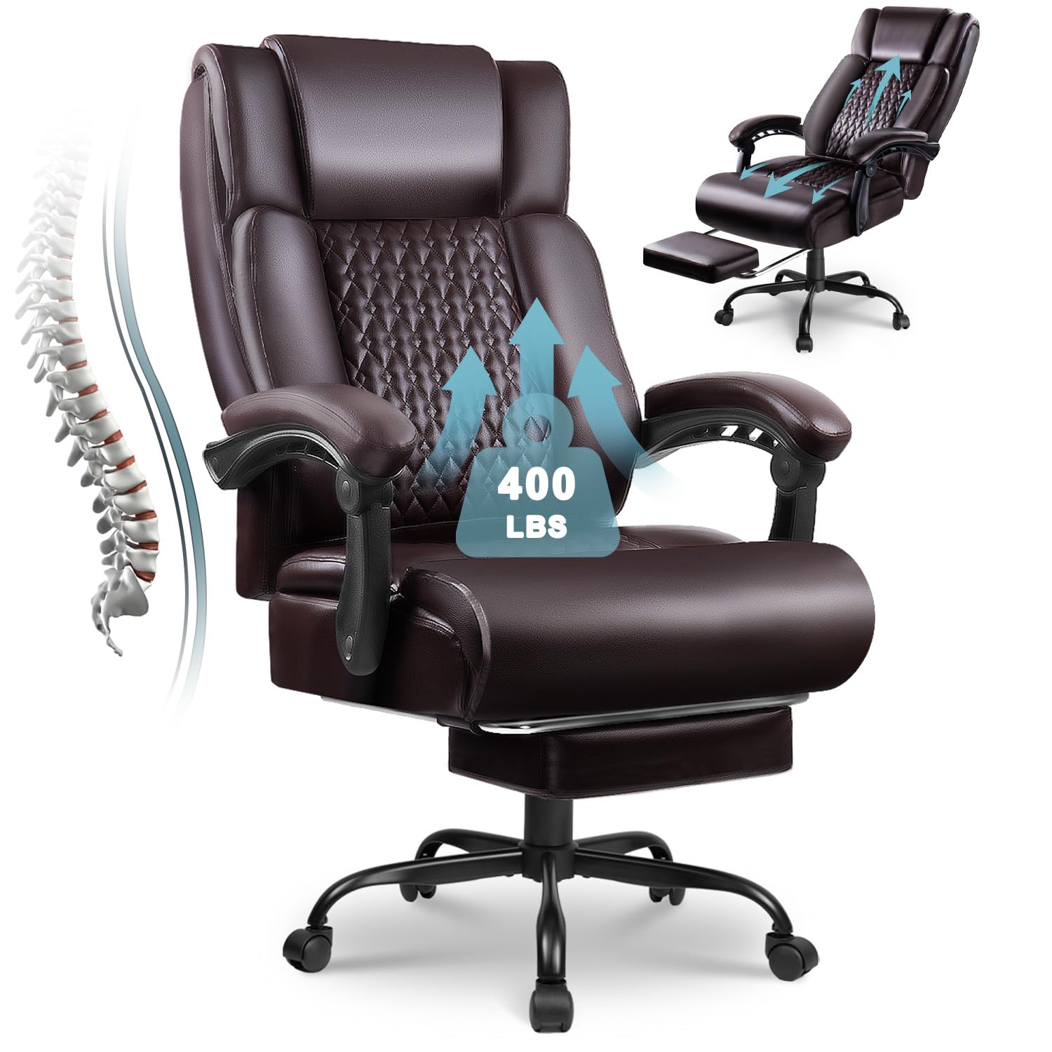Big and Tall Office Chair with Foot Rest 400lbs, Heavy Duty Executive Leather Office Chair for Heavy People, Comfy High Back Ergonomic Office Desk