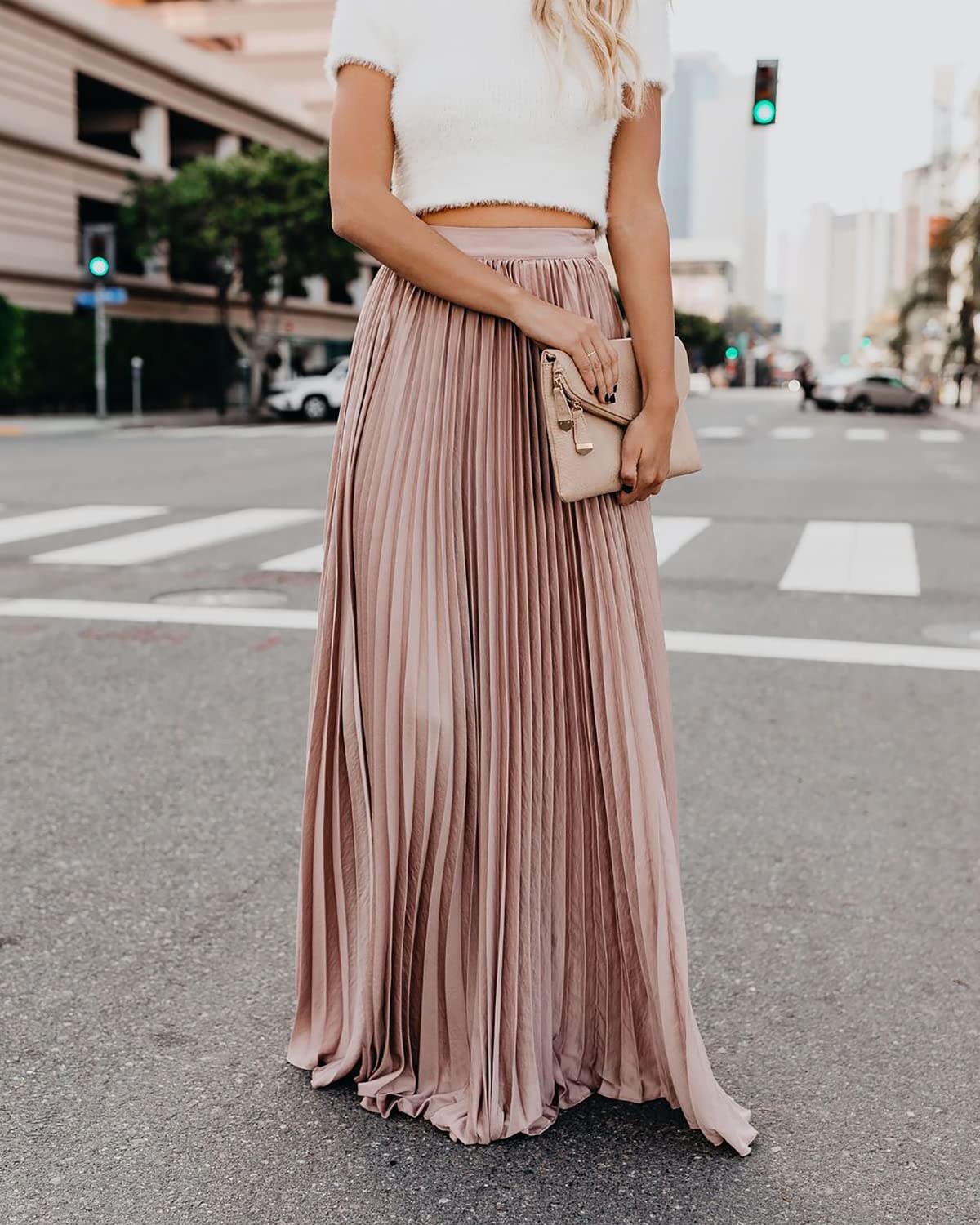 utcoco Elegante Maxi Gonna a Vita Alta Pieghettata Chiffon gonne Lunghe per Le Donne, Rosa, L