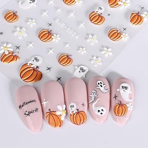 Miniatura 4 de JMEOWIO Calcomanías adhesivas para arte de uñas de Halloween en relieve 3D, calcomanías autoadhesivas 5D, diseño de calabaza, fantasma, flor,