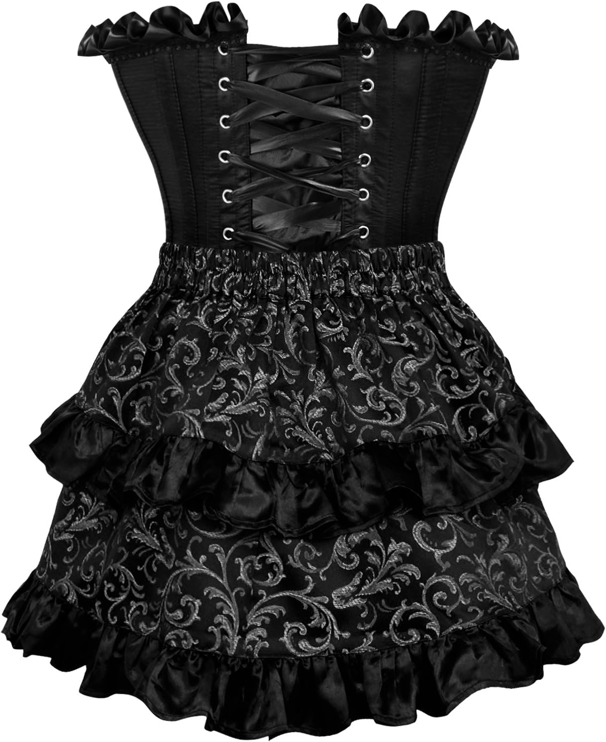 Daisy corsets Women's Daisy Corsets Top Drawer 2 Pc Black Satin Steel Boned Burlesque Corset & Silver Brocade Skirt Set