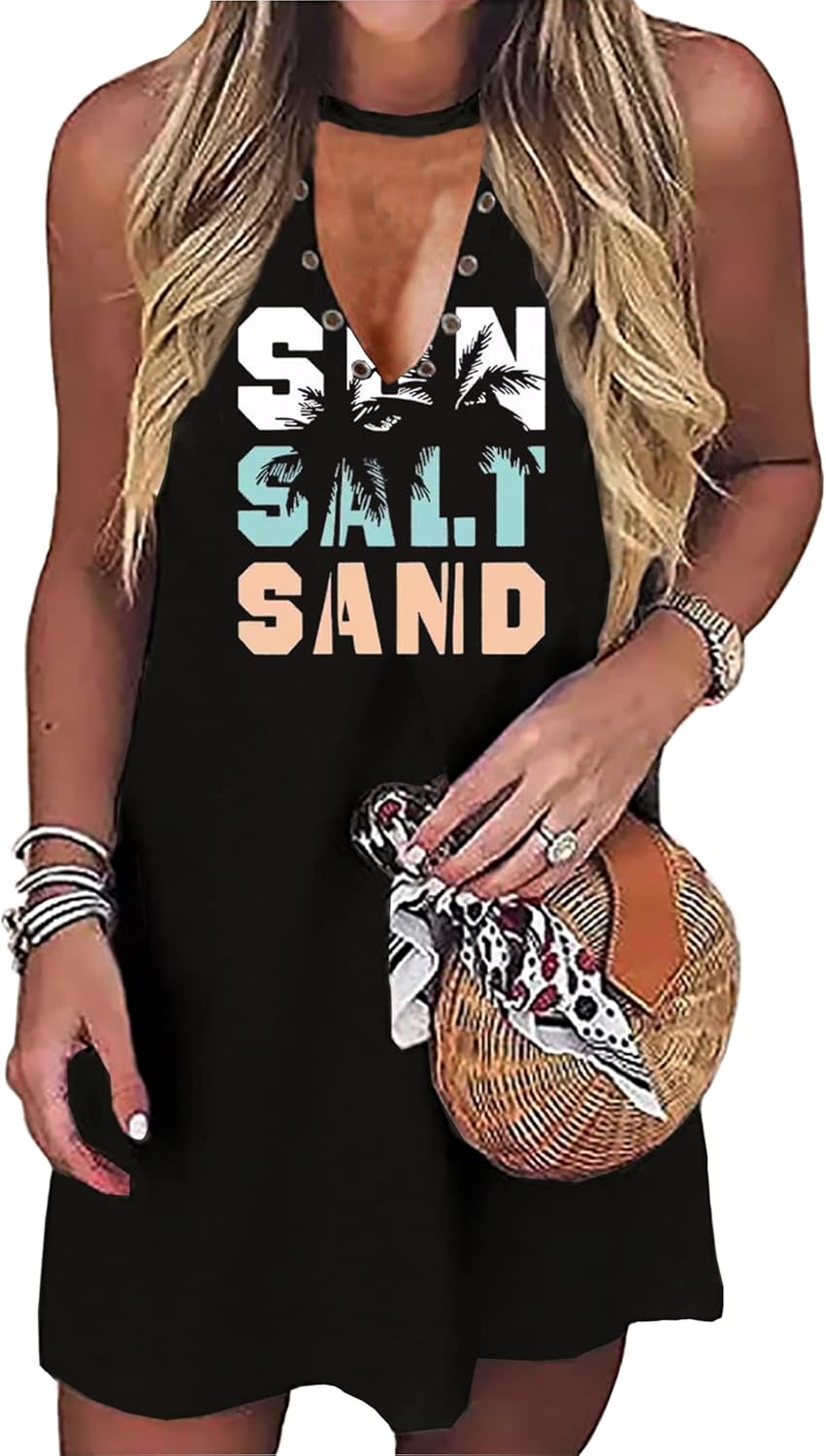 Sun Salt Sand Coconut Tree Tank Mini Dress for Women Sleeveless Beach Praty Shirts Summer Vacation Short Mini Dresses