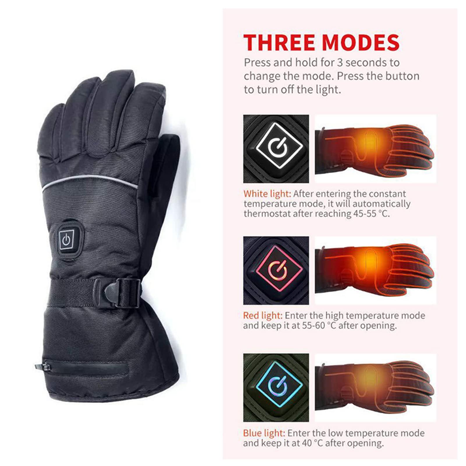 Moto Équitation Gants Chauffants Thermostat à Trois Vitesses Écran Tactile Intelligent Chauffage Électrique Résistant Au Froid Gants Épaississants de Ski Chaud,Black,L(31CM)