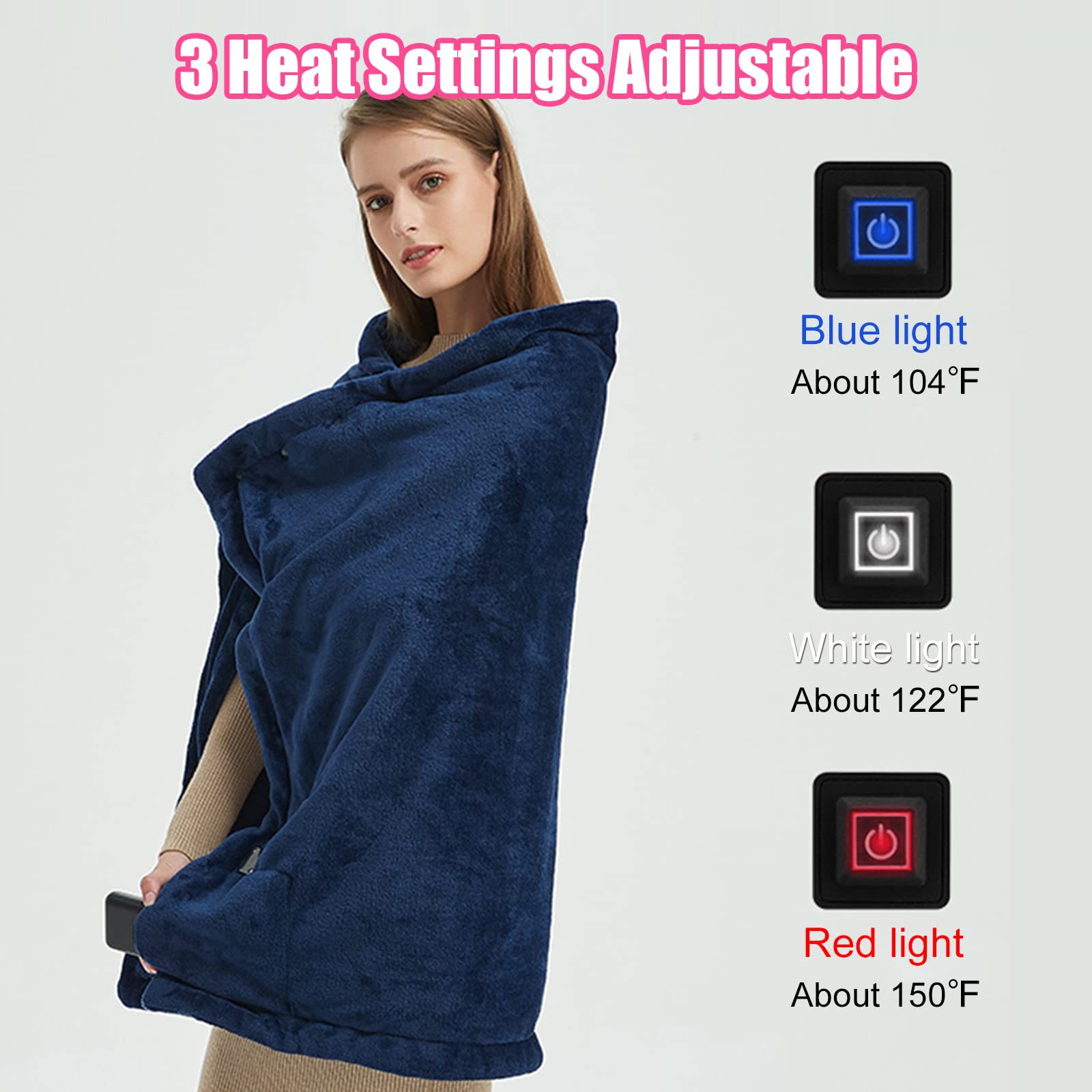 WOOLALA Coperta riscaldata tramite USB, lussuosa coperta riscaldata in flanella con bottoni, ultra calda per collo e spalle scialle per casa, ufficio e uso esterno, lavabile in lavatrice (80 cm)