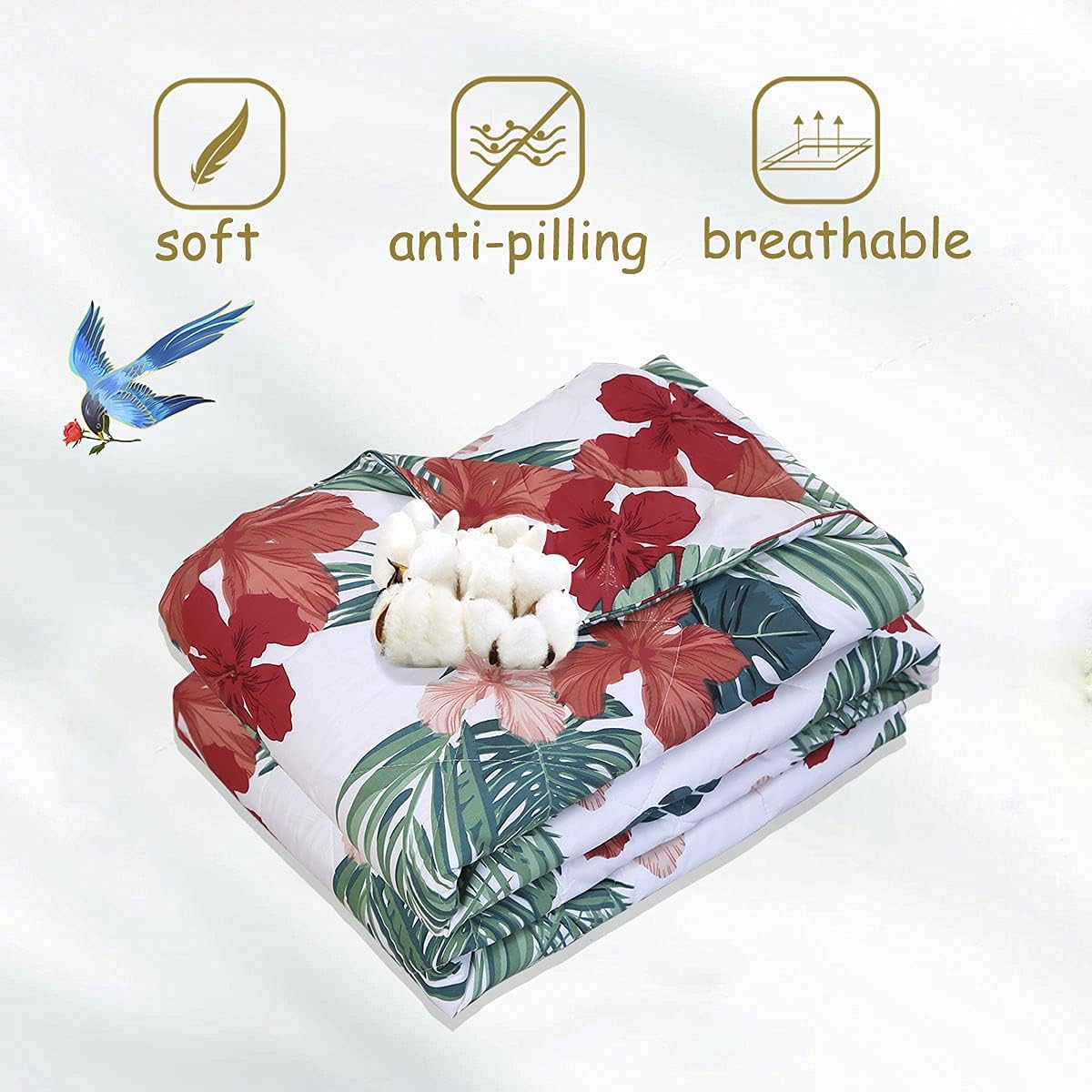 FADFAY Floral Comforter King Size Quilt 100% Cotton Fabric Lightweight Green and Red Bedding Down Alternative Cozy Soft Breathable All Season Summer Tropical Bed Set Palm Leaves Printed (3Pcs King)