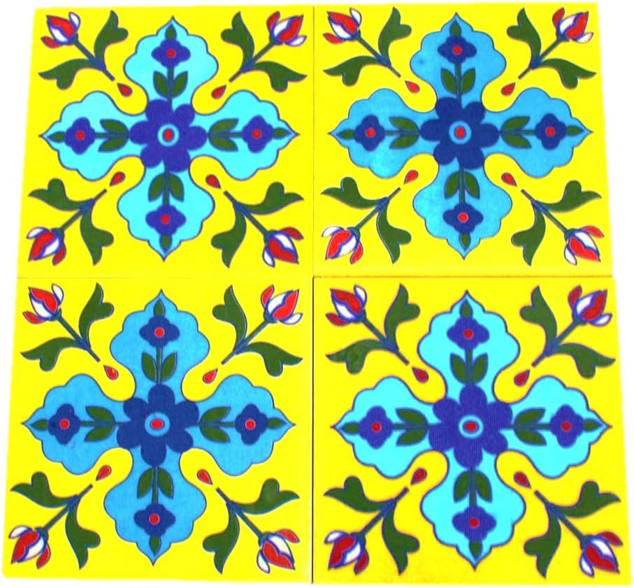 The Himalaya Craft Blue Pottery Ceramic Handmade Tiles for Wall (4 x 4-inch) - Pack of 4 (Yellow)