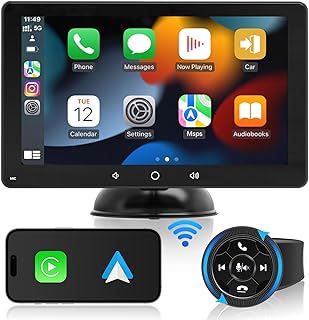Wireless CarPlay Android Auto Screen - Portable Dash Mount Bluetooth Car Stereo - 7 Inch QLED Touchscreen AirPlay MirrorCast Steering Wheel Control GPS Navigation AUX Output