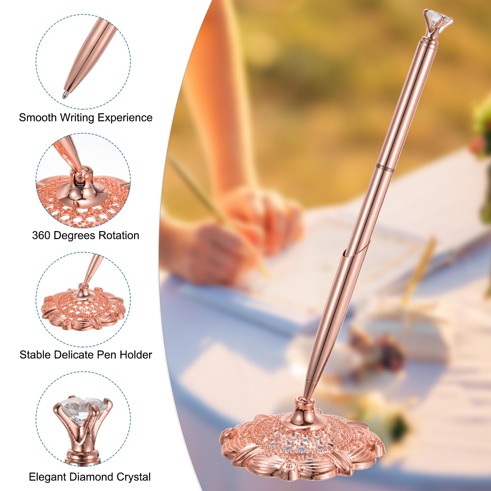 PATIKIL 2 Set Diamond Wedding Pen Guest Book Pen with Holder, Rose Gold, 1 count (Pack of 2) - Image 3