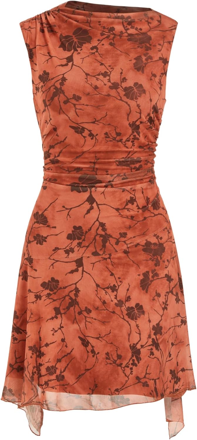 CIDER Womens Mesh Floral Sleeveless Asymmetrical Hem Ruched Dress