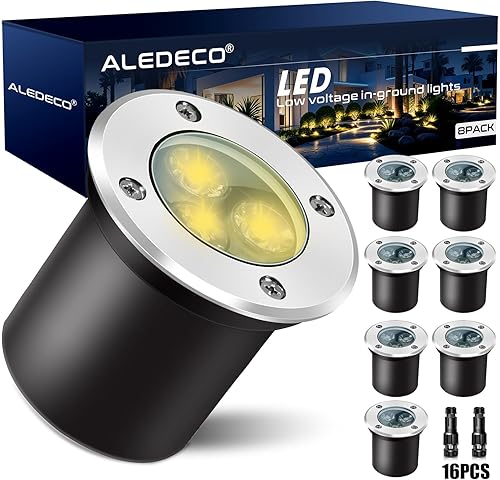 Paquete de 8 luces de paisaje de bajo voltaje con conectores 3W LED 12-24V iluminación en el suelo IP67 impermeable luces de jardín 3000K luz