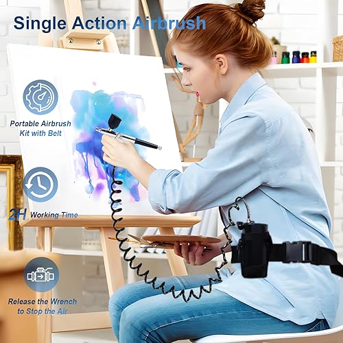 Miniatura 2 de Kit de aerógrafo con compresor, pistola de aerógrafo de acción única recargable de alta presión de 50 PSI, cepillos de aire portátiles con cinturón