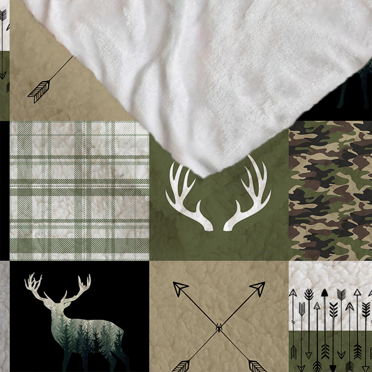 AILONEN Hunting Camo Deer Fleece Sherpa Blanket, Army Green Antlers Rustic Throw, Soft Cozy for Boys Men 59 x 47 Inches
