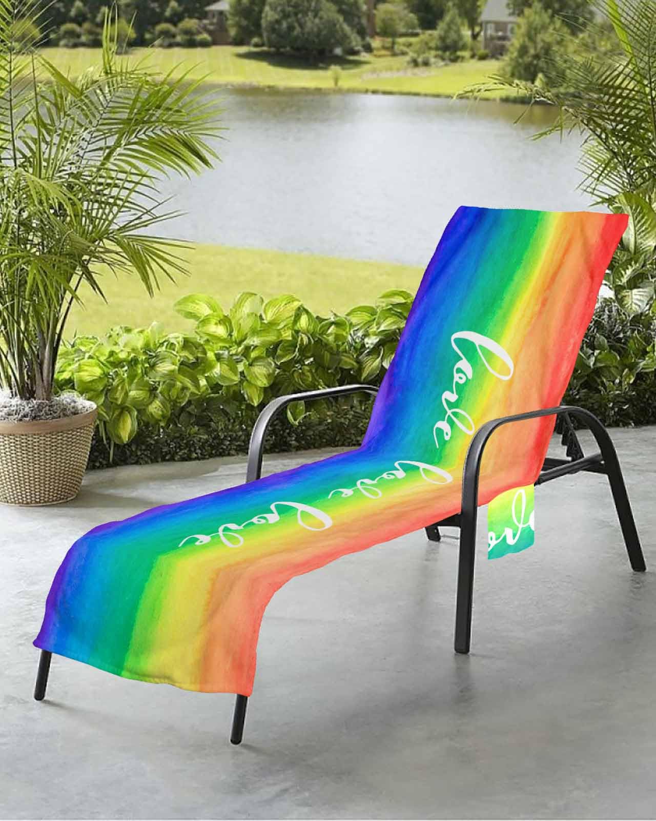 Blue Greeen Orange Beach Chair Towel Covers for Chaise Lounge with Side Pocket, Soft Plush Pool Towels Cover for Patio Sunbathing Outdoor 29''x85'' Colored Gradient Stripes