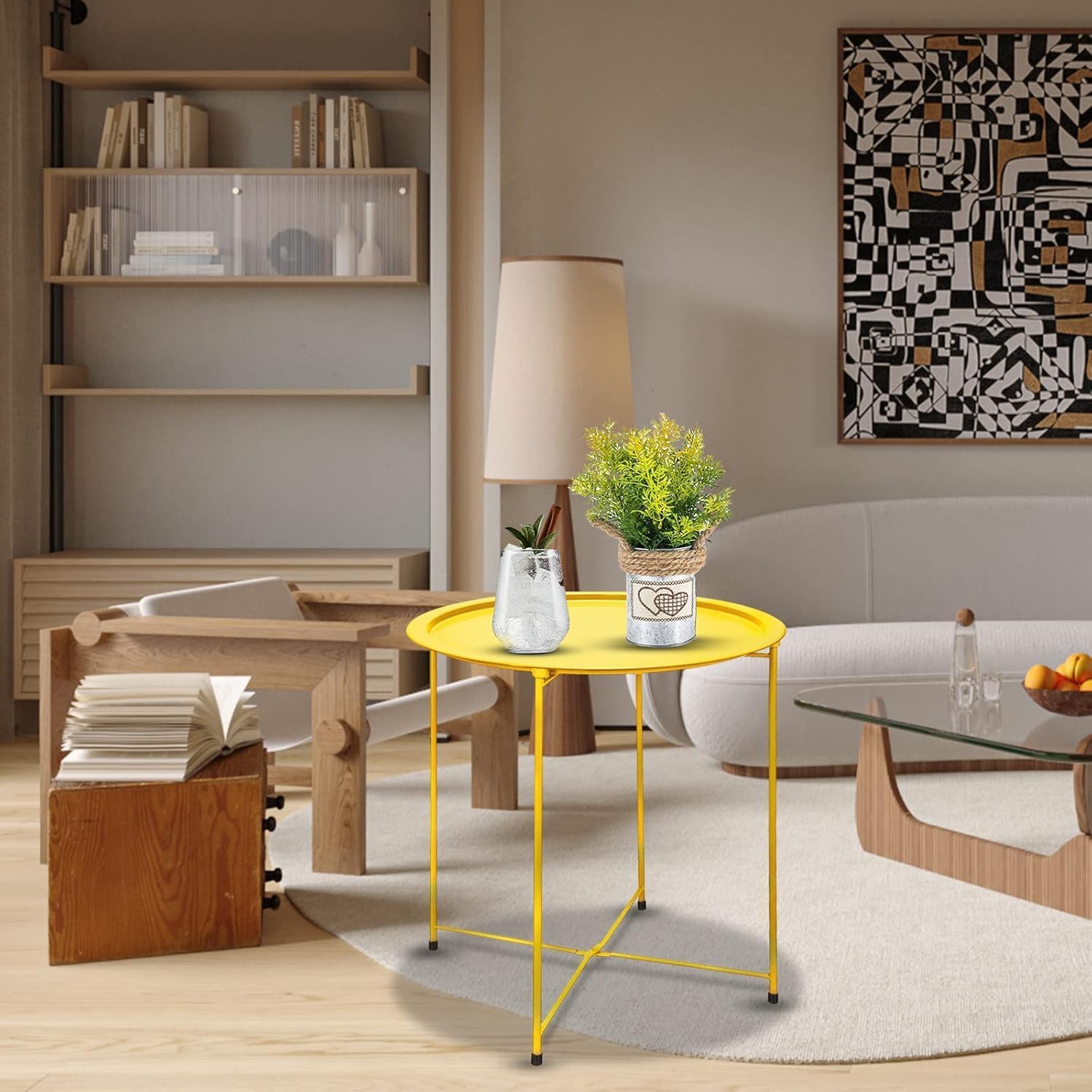 Garden 4 you Small Side Table, Round End Table, Outdoor Side Table with Metal Frame, Bedside Table for Living Room, Bedroom, Patio, Small Space, Yellow