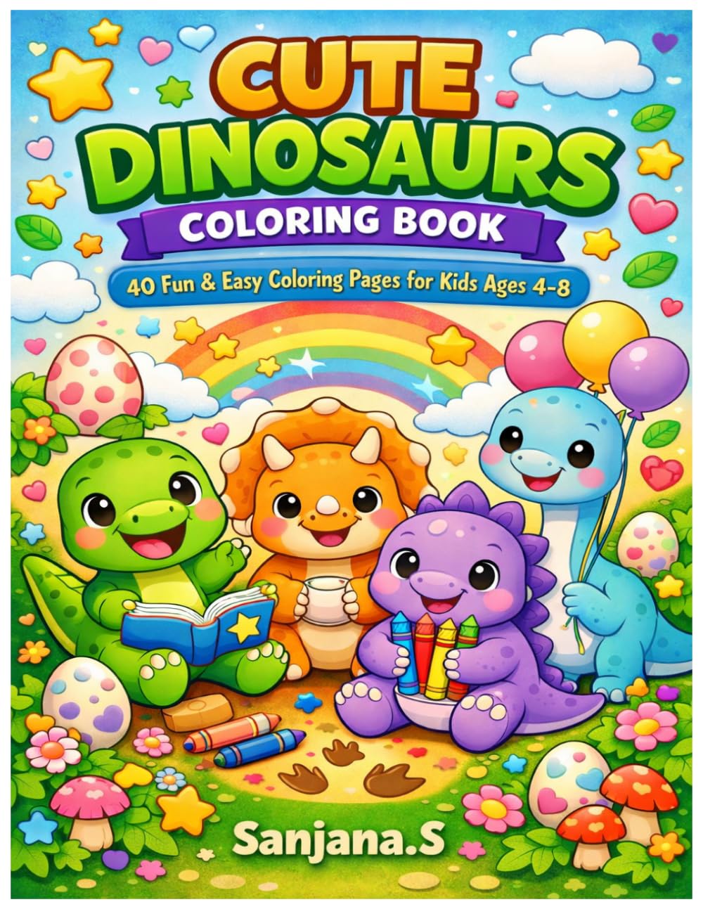Cute Dinosaurs Coloring Book: 40 Fun & Easy Coloring Pages for Kids Ages 4-8