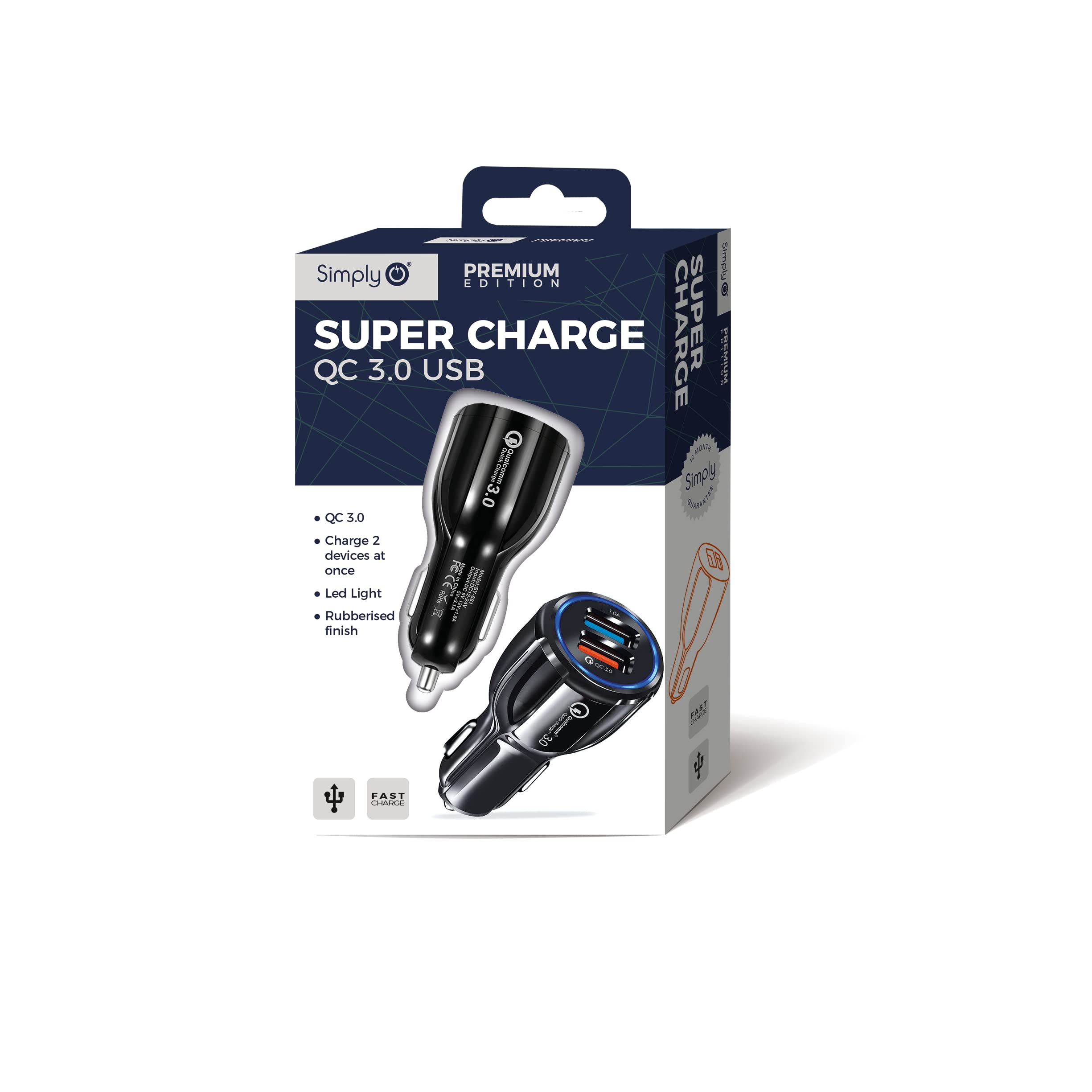 Simply SUSB02 Dual USB QC 3.0 5v/1.0A Super Fast Charge Car Charger with LED Light Indicators for Apple Android and OtherUSB Devices