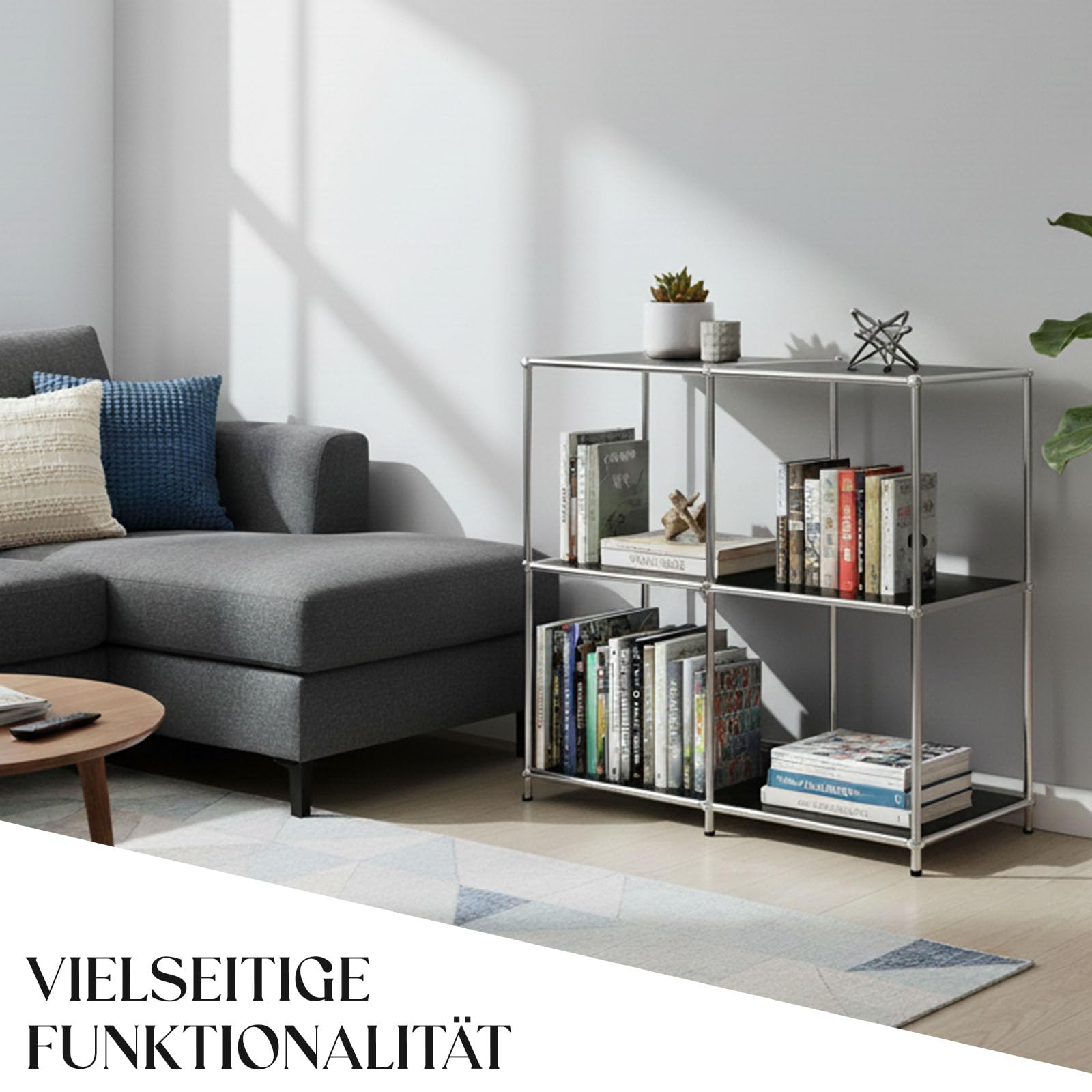 KARAT Estantería metálica negra – Estantería de 3 niveles con compartimentos abiertos (W80×D40×H80 cm) – Estructura de acero cromado y acabado en polvo mate – Moderno y robusto - Concepto Epure MK-027