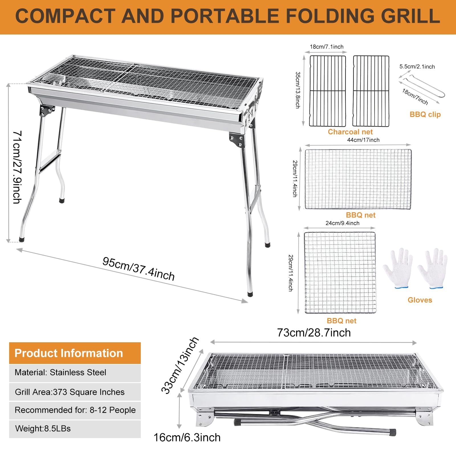 Przenośny składany stojak do grillowania ze stali nierdzewnej, 95 x 29 x 71 cm, duży, lekki grill węglowy, z rękawiczkami, na kemping, plażę, imprezę i do ogrodu na świeżym powietrzu