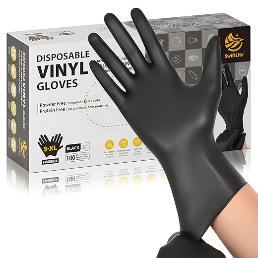 Black Vinyl Gloves, Food Grade Gloves Disposable Latex Free & Powder Free, Guantes for Cleaning Cooking Food Prep