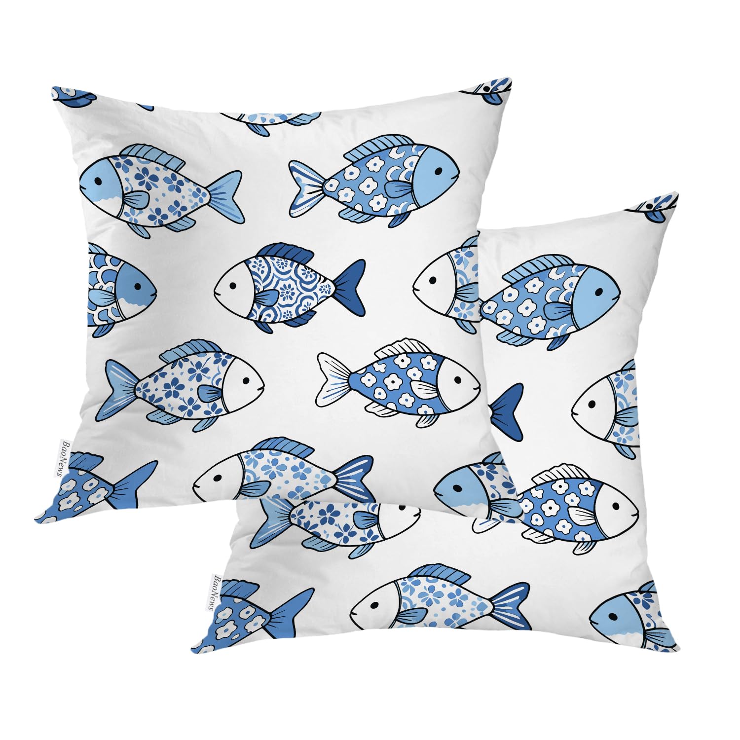 Housse de coussin poisson 45x45 cm lot de 2 en coton bleu pour salon