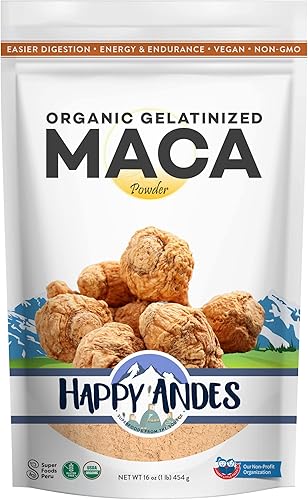 Happy Andes Polvo de maca orgánica gelatinizada – Calidad premium, utilizada para aumentar la resistencia y la energía, gelatinizada para una fácil