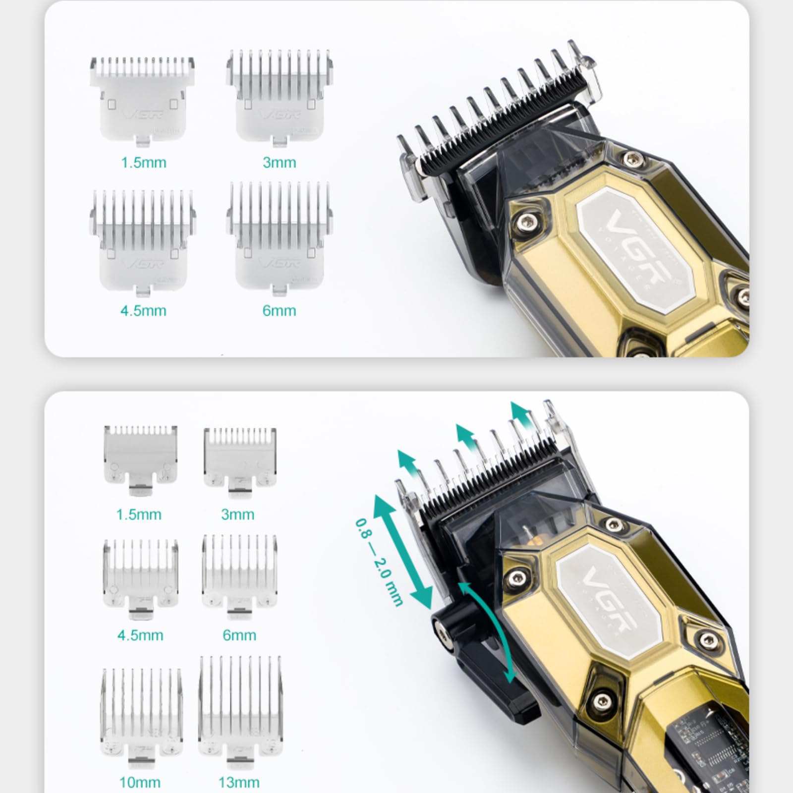 VGR Professional Hair Clippers for Men Cordless Barber Clipper and Trimmer Set, Mens Hair Cutting Kit with 10 Guide Combs - Image 3
