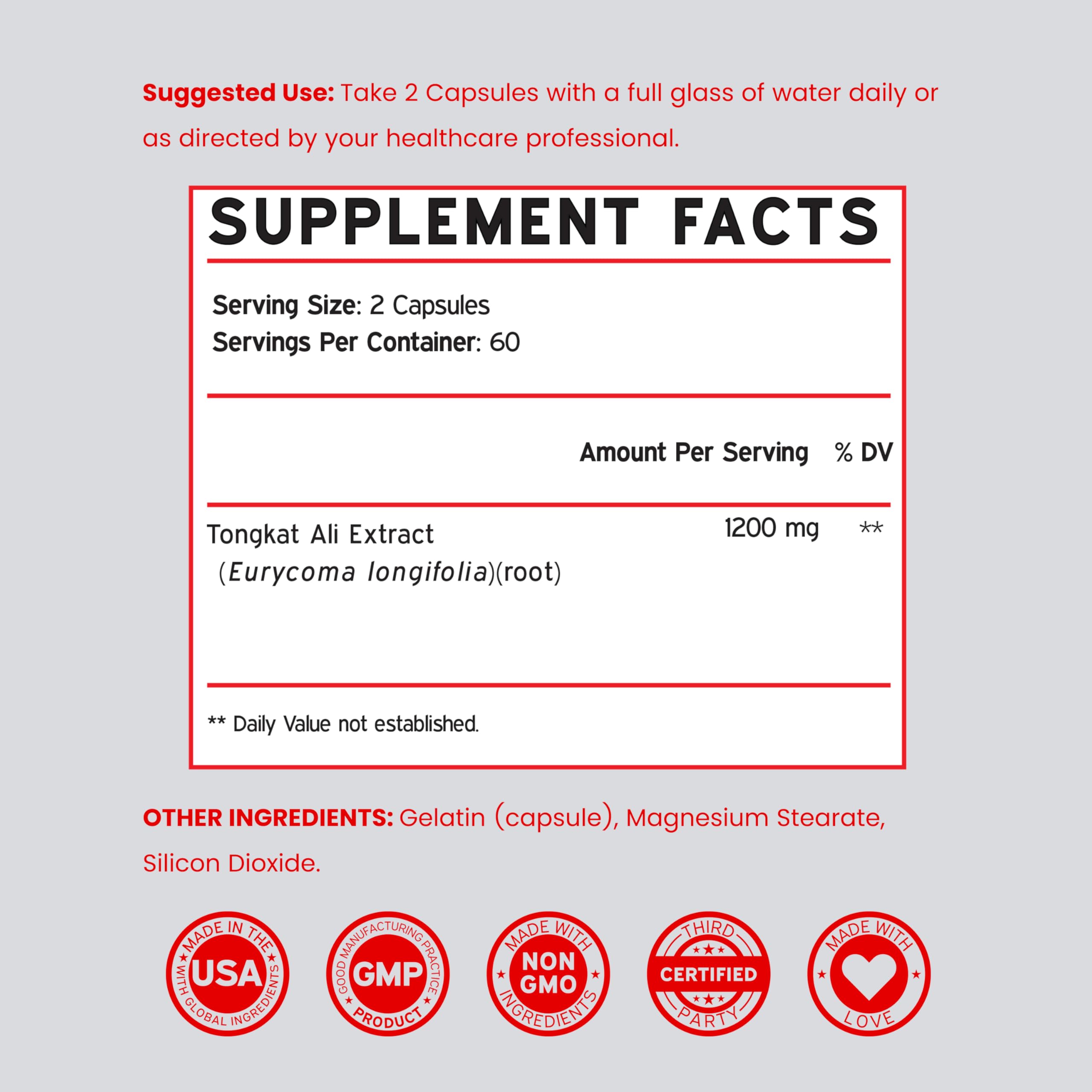 Tongkat Ali For Men (Longjack) Eurycoma Longifolia Extract 1200mg Per Serving, 120 Capsules - Longjack Tongkat Ali for Men's Health & Vitality Support - Third Party Tested, USA Made & Non-GMO — Amazon image 6