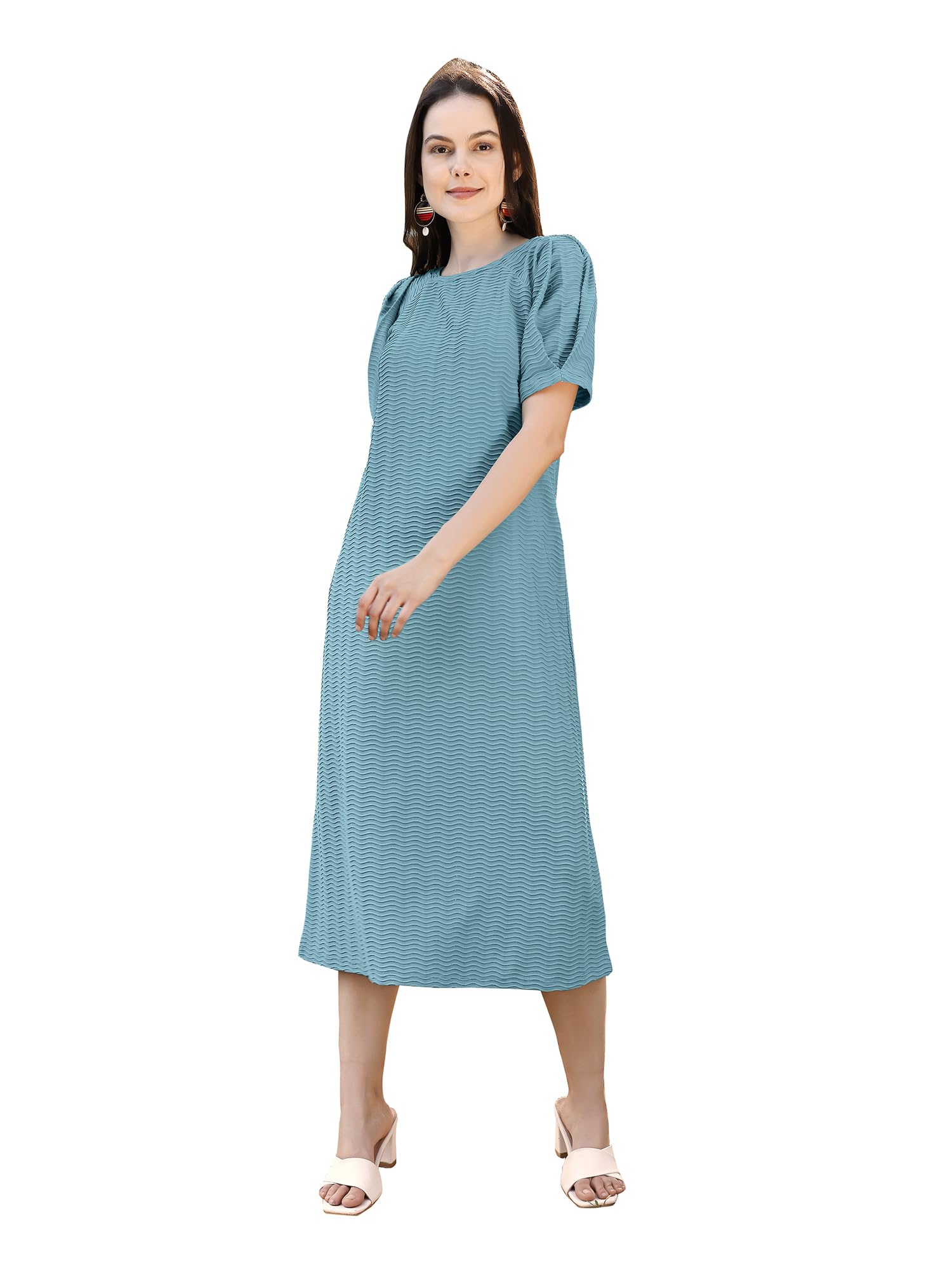 Purvaja Womens A-Line Below Knee Length Dress (Yuvi-013-Dusty_Sage Blue_Large)