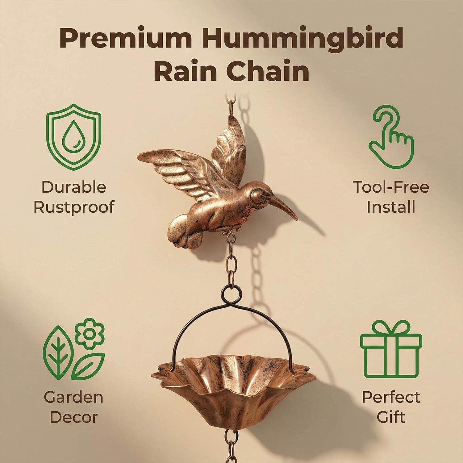 Rain Chain, 8.5 FT Copper Rain Chain for Gutters, Decorative Hummingbird & Lotus Cup Rain Catcher Chain with Weighted Bird, Downspout Alternative for Garden, Patio & Outdoor Drainage