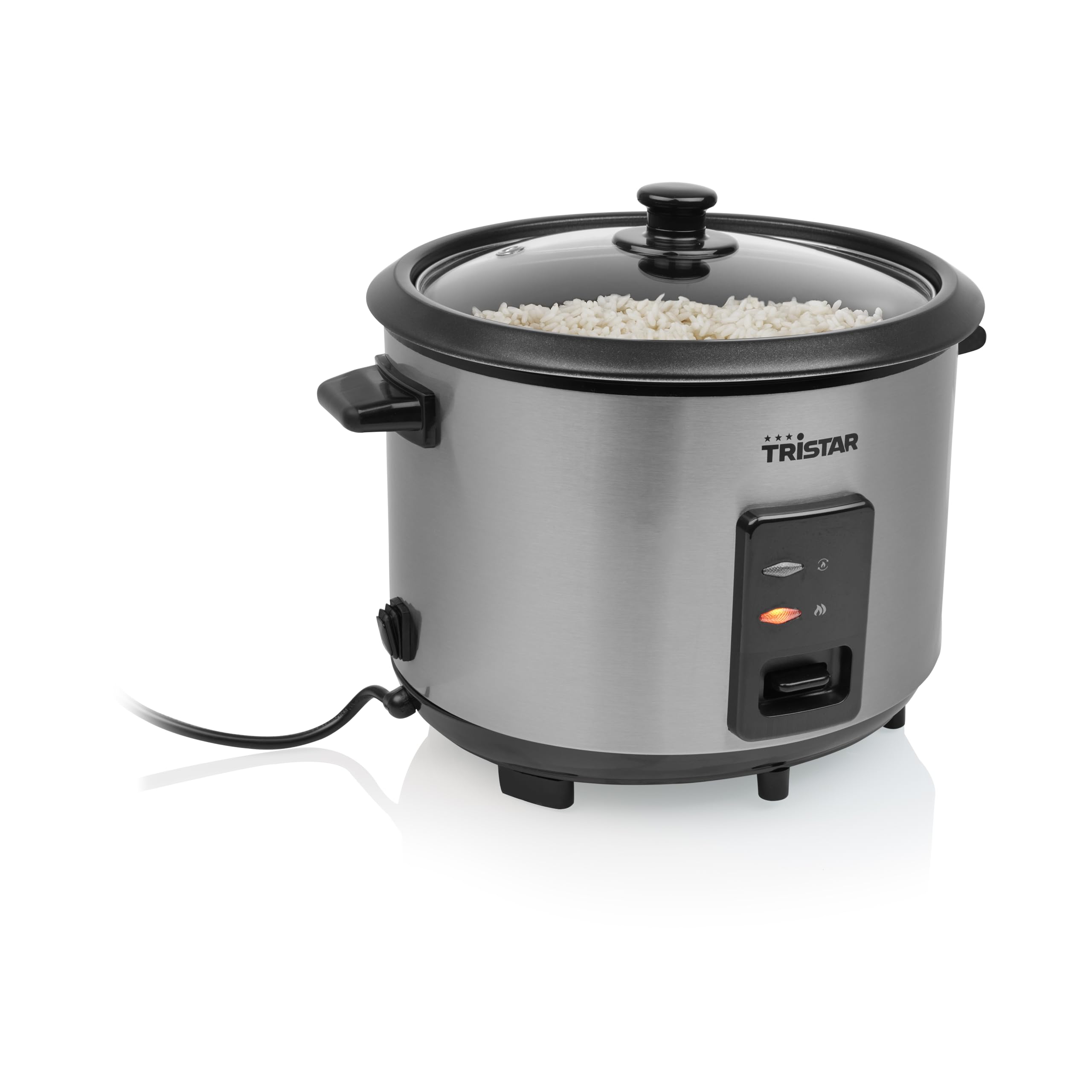 Tristar Olla Arrocera, Capacidad 1,8 L, Cuerpo de Acero Inoxidable con Tapa de Cristal, Recipiente Antiadherente, Apagado Automático y Función Mantener Caliente, 700 W, RK-6148