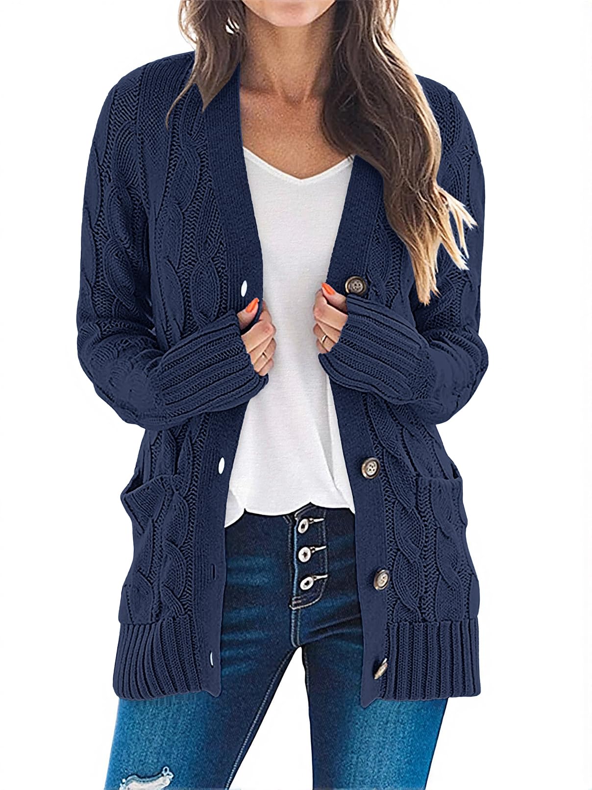 MEROKEETY Damen Langarm Zopfmuster Pullover Open Front Cardigan Knopf Lose Oberbekleidung, Navy, Mittel
