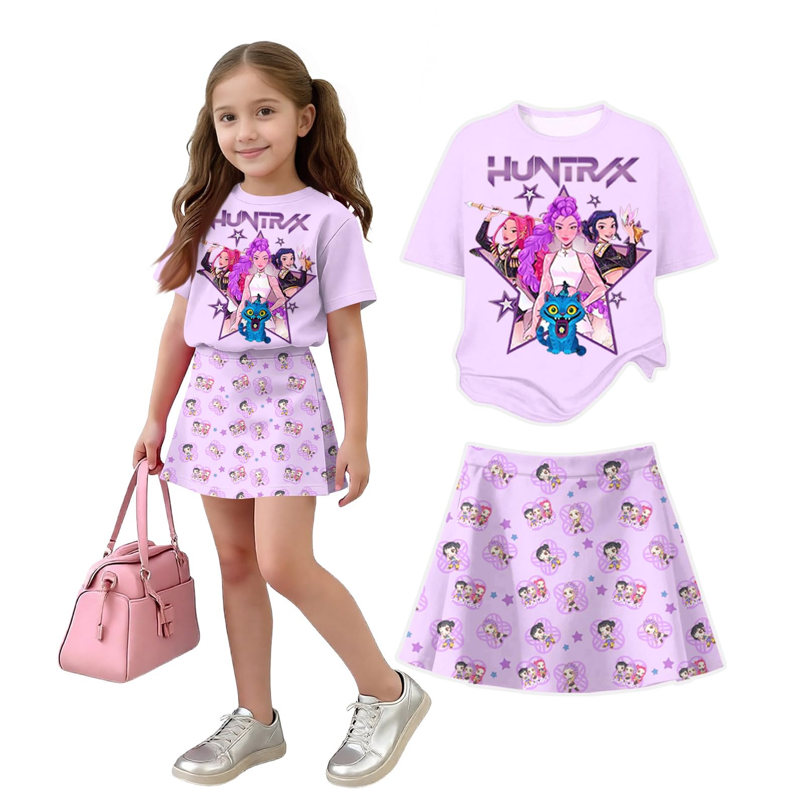 K Pop Short Sleeve T-Shirt and Skirts Outfits Set for Girls Hunters Girl's Anime Graphic Tees De-Mon Summer Sets — view 43