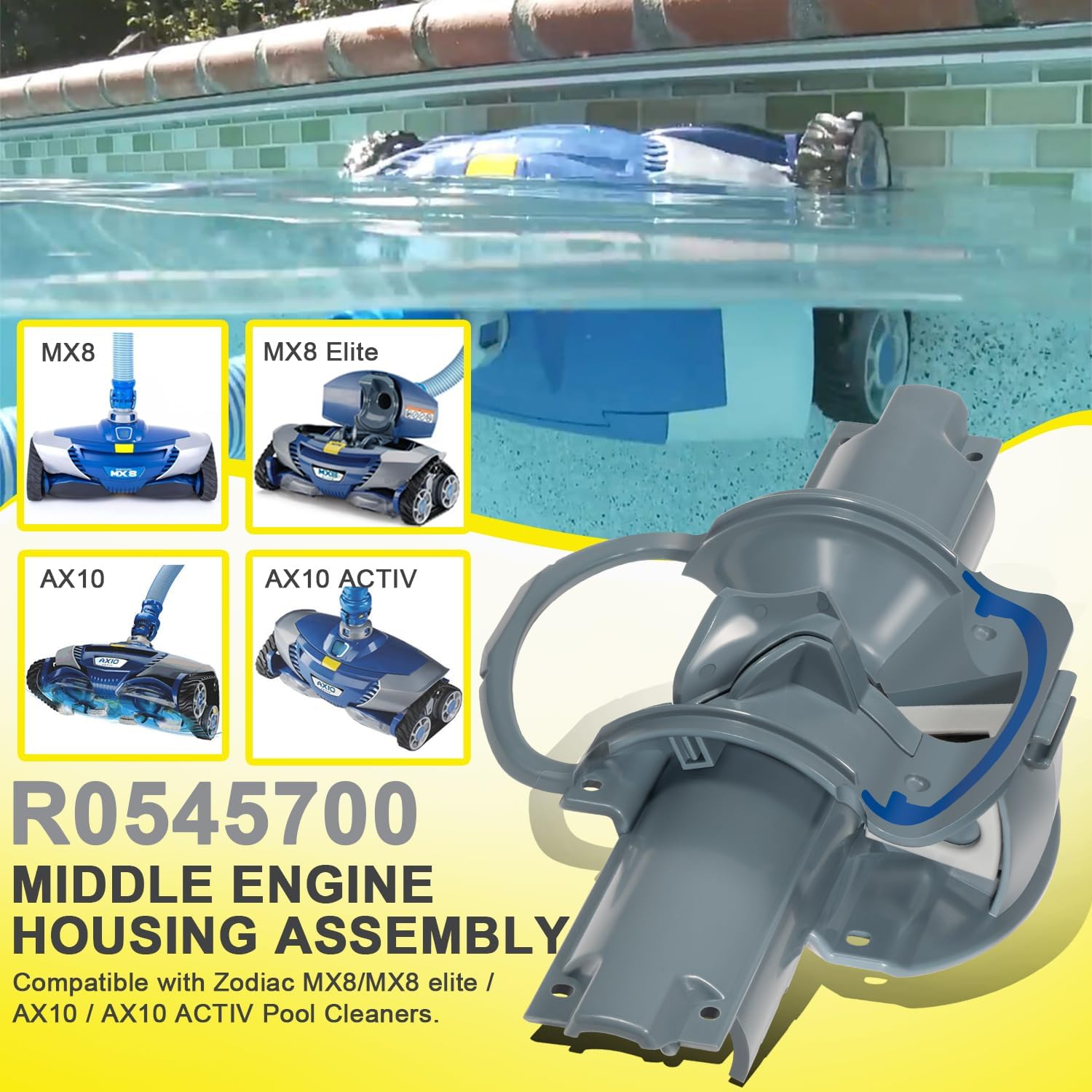 R0545700 Middle Engine Housing Assembly Replaces for Zodiac MX8/MX8 Elite /AX10 / AX10 ACTIV Pool Cleaners, Protects Drive Shafts & Ensures Smooth Operation