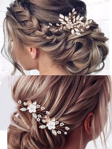 Hread - Juego de horquillas para el pelo de novia de oro rosa, piezas de pelo de perlas Birdal, accesorios para el cabello de cristal y flores para
