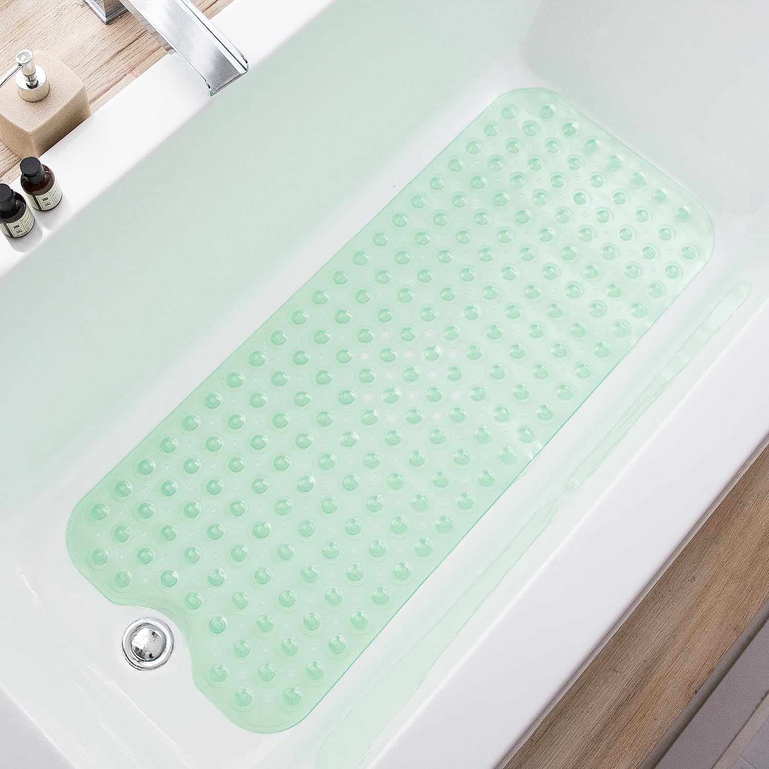 Bathtub Mats for Shower Tub, Extra Long Non-Slip 39 x 16 Inch Bath Mat with Drain Holes and Suction Cups, BathMat for Bathroom with Machine Washable (Clear Green)